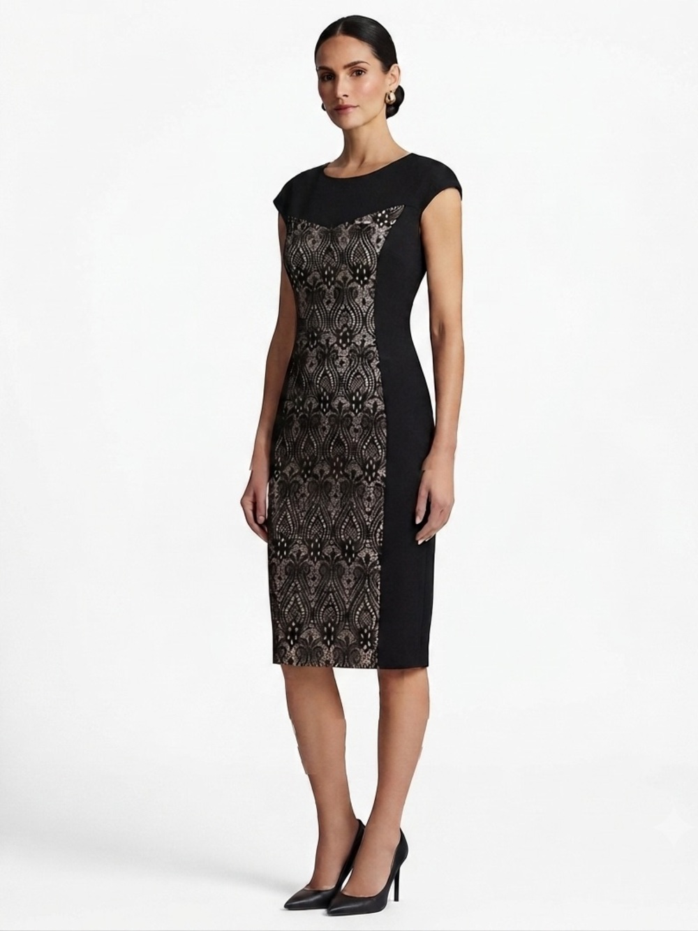 Connected Apparel Black & Beige Lace Front Dress New With Tags Siz…